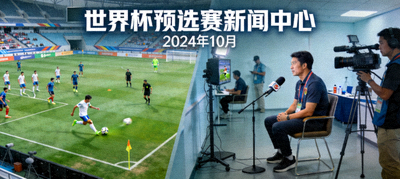 世界杯预选赛新闻中心，显示球队训练和球员采访画面